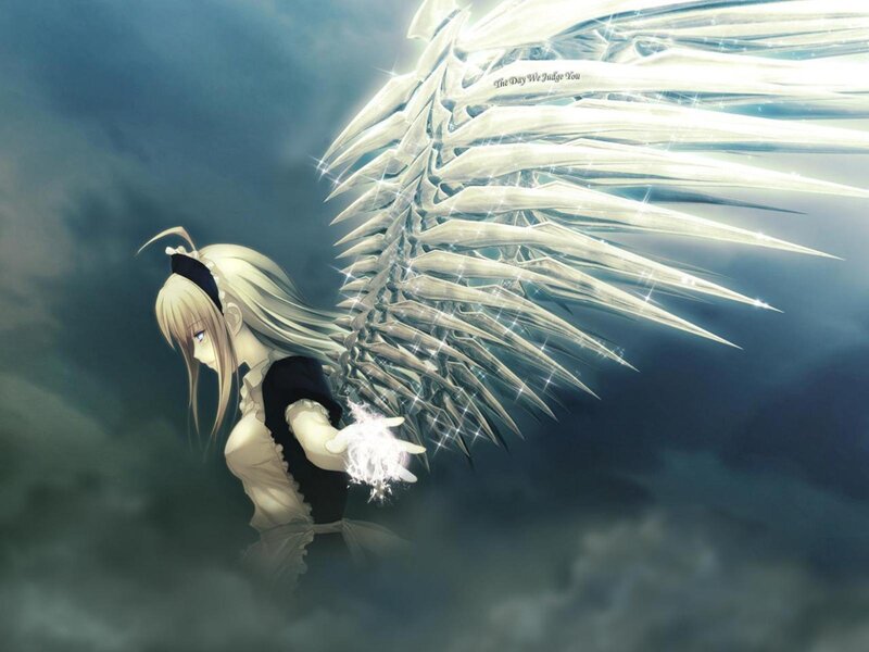 Anime Girl with Wings — White, Dramatic, Digital Art, Clouds