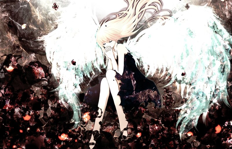 Anime Girl with Wings — White, Dramatic, Digital Art, Dark Rocks