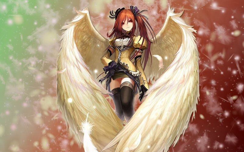 Anime Girl with Wings — White, Dramatic, Digital Art, Feathers, Dress