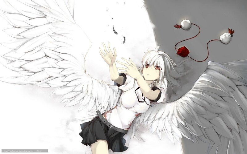 Anime Girl with Wings — White, Dramatic, Digital Art, Feathers, Red Objects