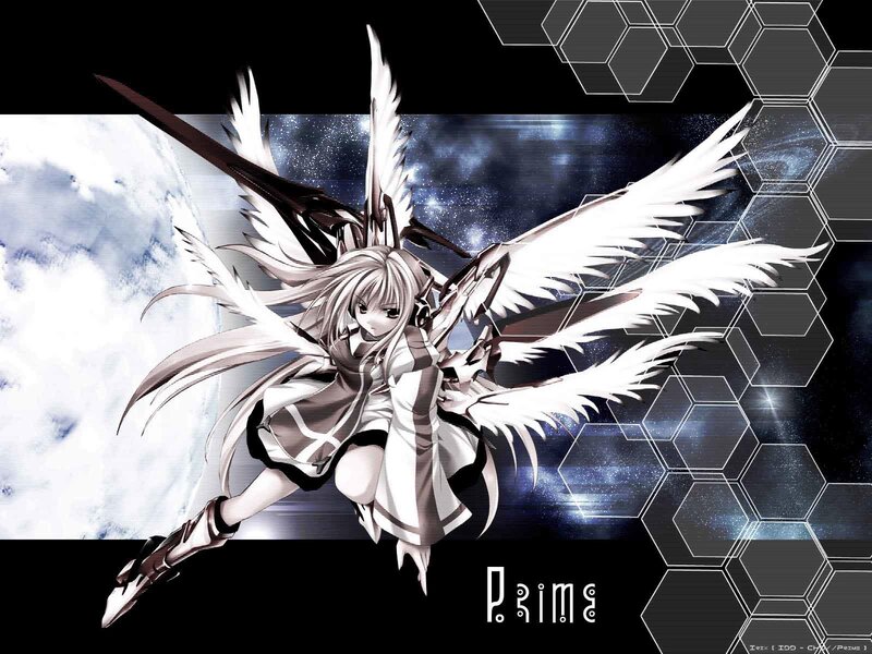Anime Girl with Wings — White, Dramatic, Digital Art, Hexagons