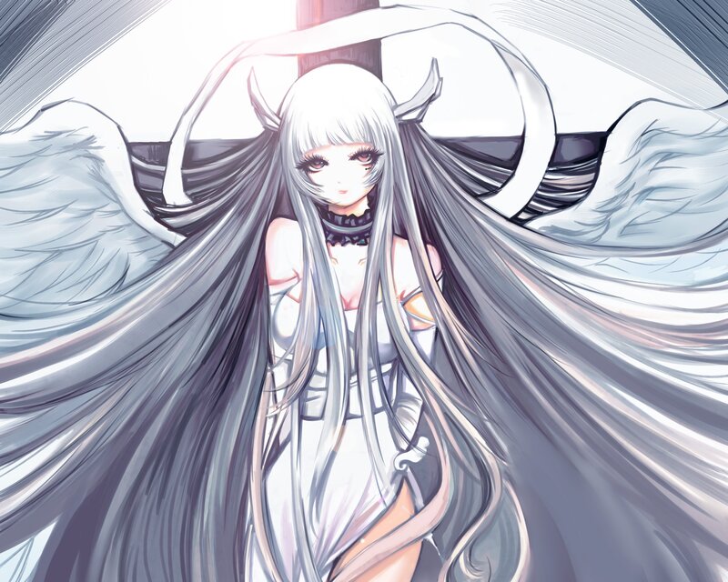 Anime Girl with Wings — White, Dramatic, Digital Art, Horns