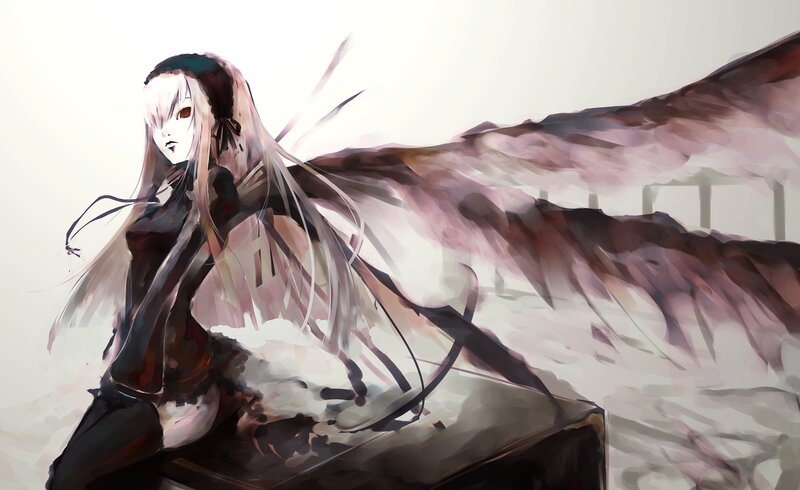 Anime Girl with Wings — White, Dramatic, Digital Art, Long Hair, Dark Clothing