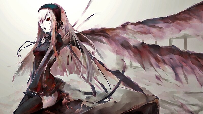 Anime Girl with Wings — White, Dramatic, Digital Art, Long Hair, Red Eyes