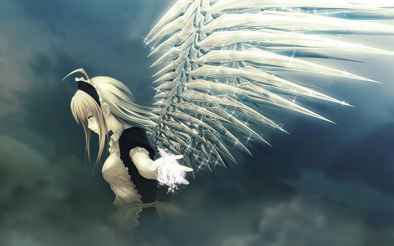 Anime Girl with Wings — White, Dramatic, Digital Art, Magic, Clouds