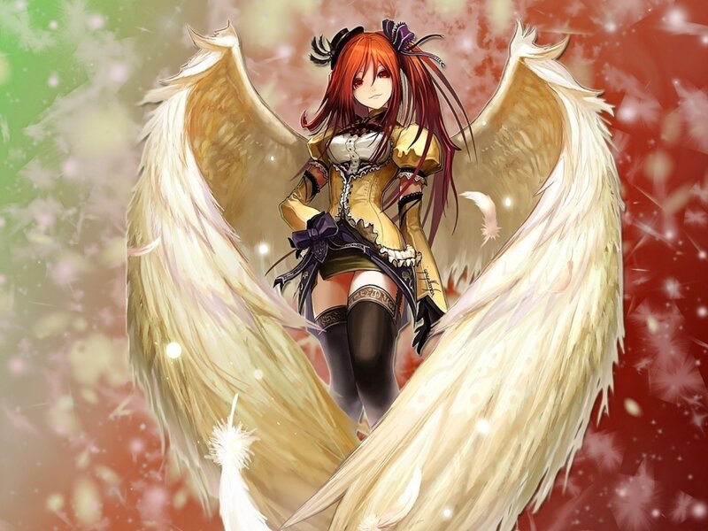 Anime Girl with Wings — White, Dramatic, Digital Art, Red Hair