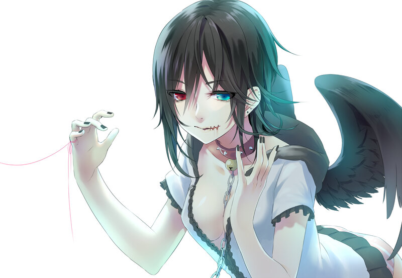 Anime Girl with Wings — White, Dramatic, Digital Art, Red String