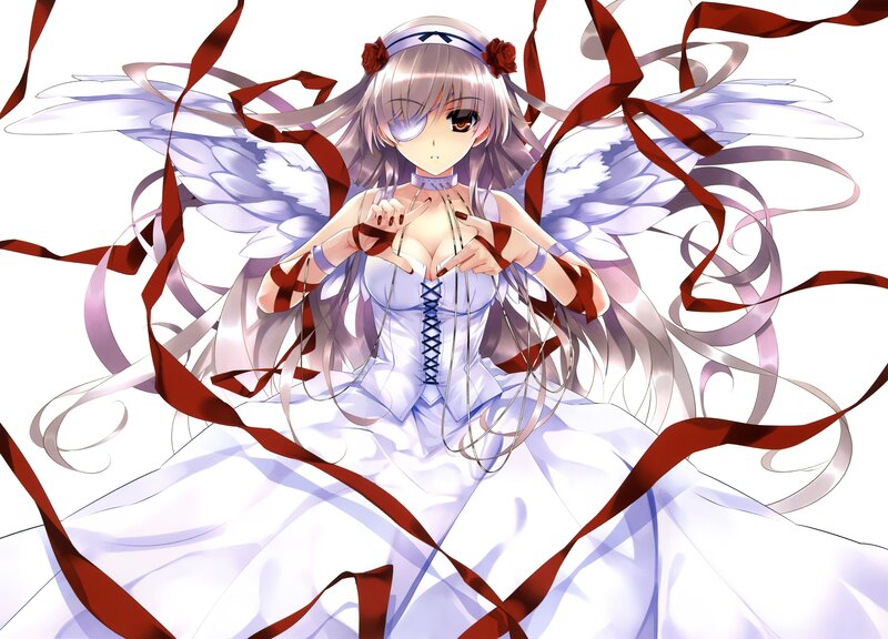 Anime Girl with Wings — White, Dramatic, Digital Art, Ribbons