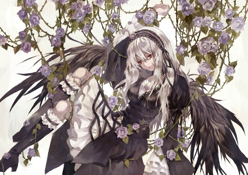 Anime Girl with Wings — White, Dramatic, Digital Art, Roses