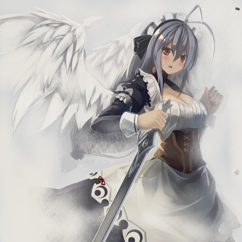 Anime Girl with Wings — White, Dramatic, Digital Art, Sword, Maid Outfit