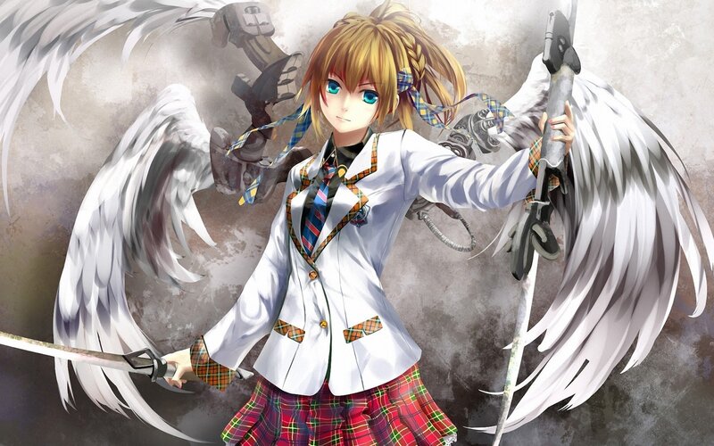 Anime Girl with Wings — White, Dramatic, Digital Art, Sword, Mechanical Arm