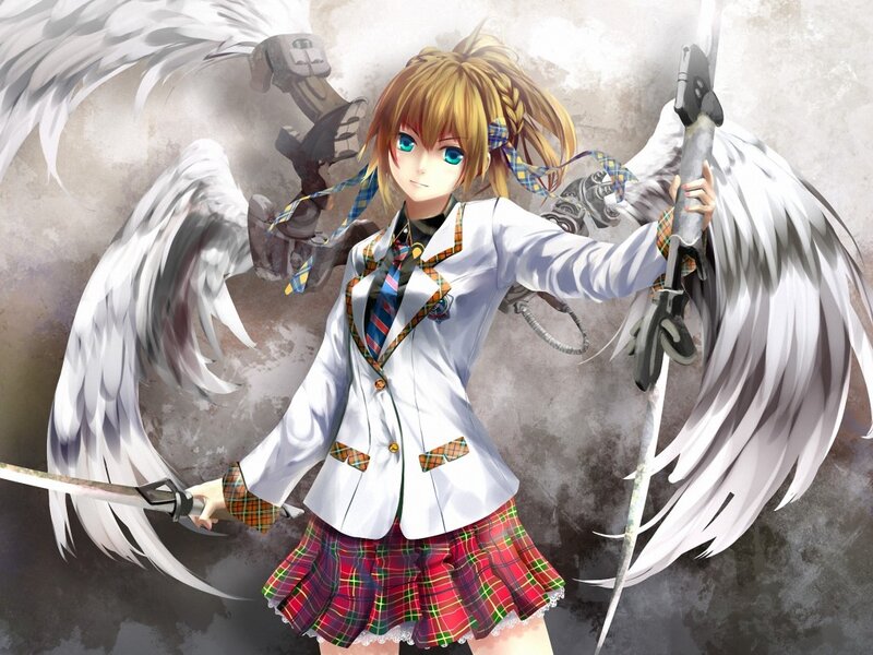 Anime Girl with Wings — White, Dramatic, Digital Art, Swords