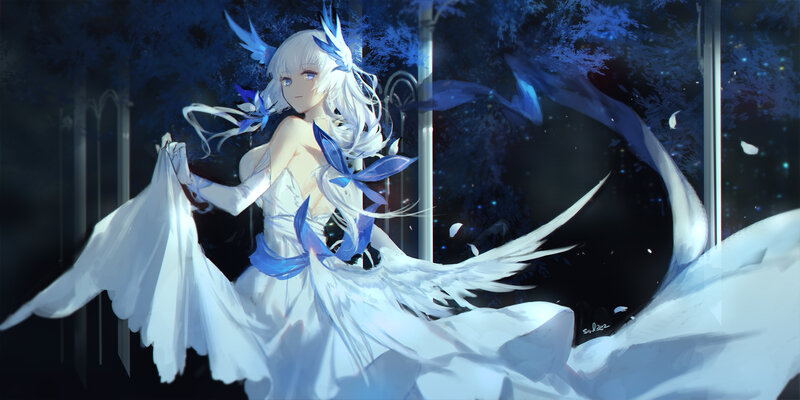 Anime Girl with Wings — White, Dramatic, Night, Digital Art, Dress, Trees