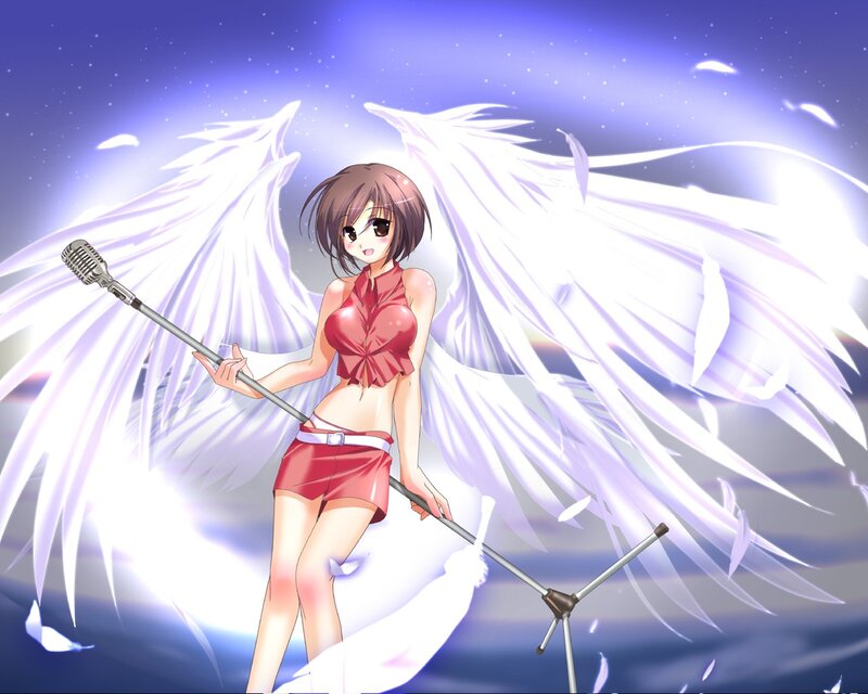 Anime Girl with Wings — White, Dramatic, Night, Digital Art, Microphone, Sky