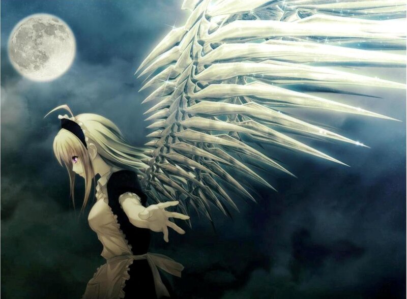 Anime Girl with Wings — White, Dramatic, Night, Digital Art, Moon