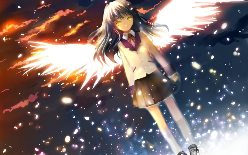 Anime Girl with Wings — White, Dramatic, Night, Digital Art, School Uniform, Sparkles