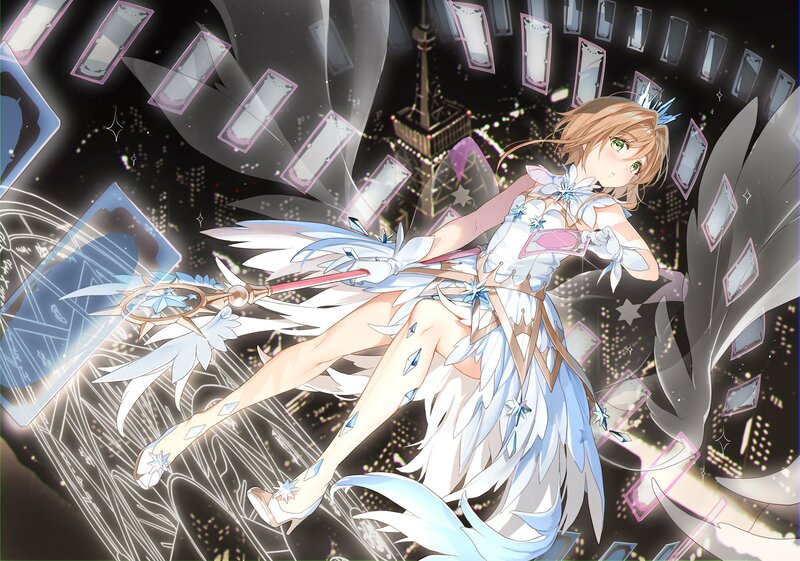 Anime Girl with Wings — White, Dramatic, Night, Digital Art, Staff, Cards