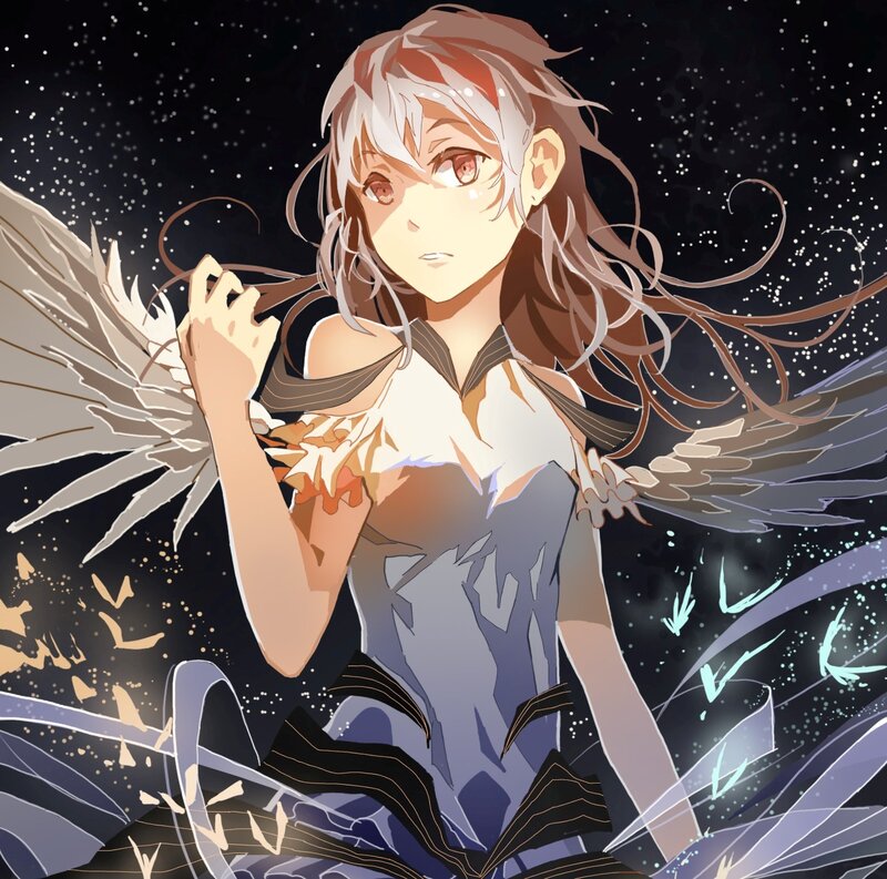 Anime Girl with Wings — White, Dramatic, Night, Digital Art, Stars