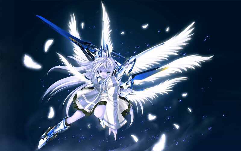 Anime Girl with Wings — White, Dramatic, Night, Digital Art, Sword, Feathers, Blue, Black