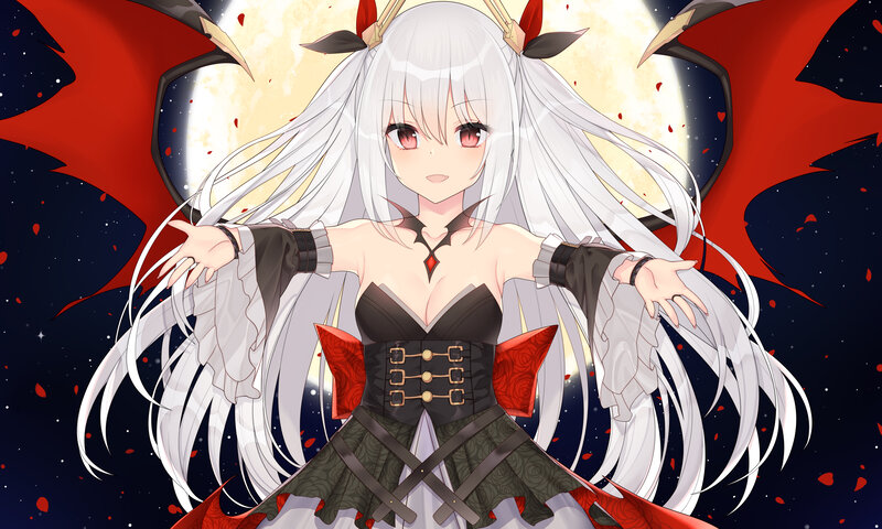 Anime Girl with Wings — White, Dramatic, Night, Moon, Blood