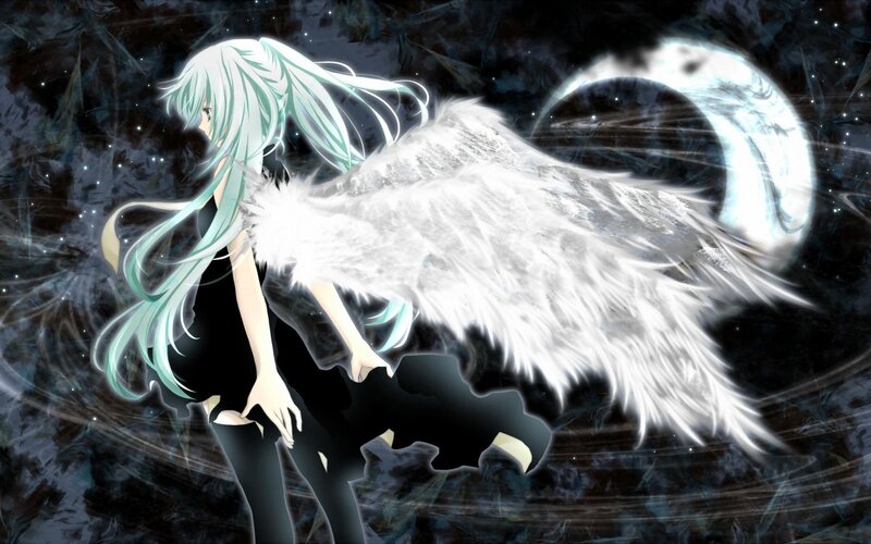 Anime Girl with Wings — White, Dramatic, Night, Moon, Stars