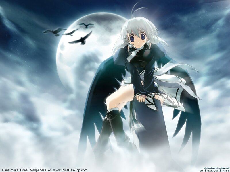 Anime Girl with Wings — White, Dramatic, Night, Moon