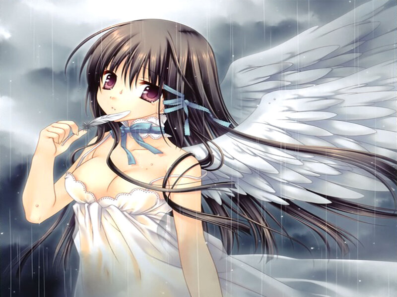 Anime Girl with Wings — White, Dramatic, Rain