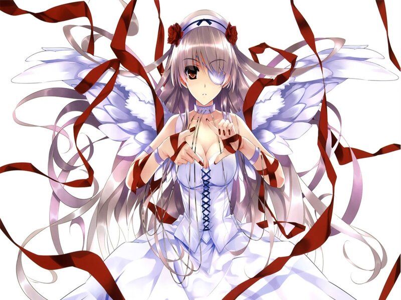 Anime Girl with Wings — White, Dramatic, Ribbons, Eye Patch