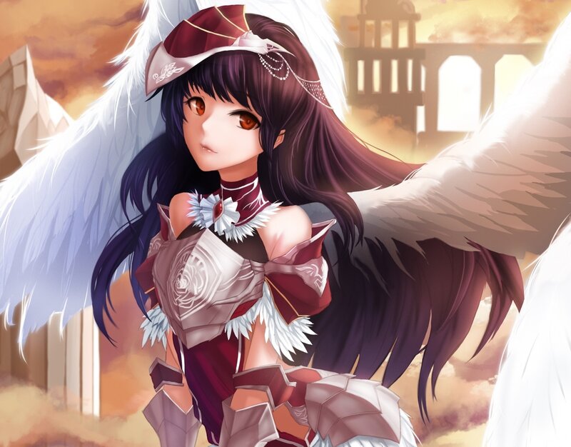 Anime Girl with Wings — White, Dramatic, Sunset, Digital Art, Armor