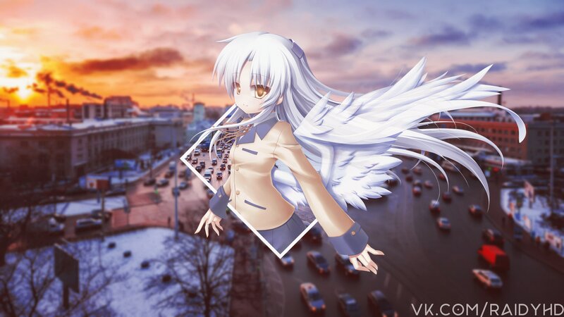 Anime Girl with Wings — White, Dramatic, Sunset, Digital Art, Cityscape