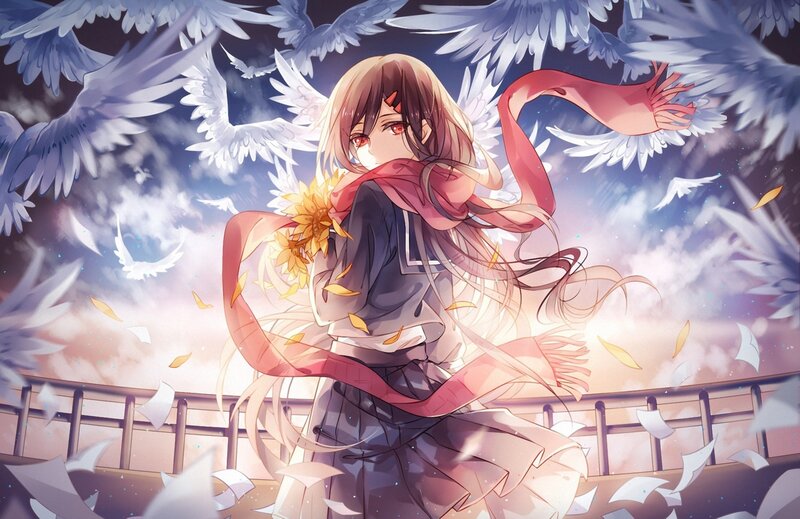 Anime Girl with Wings — White, Dramatic, Sunset, Digital Art, Scarf, Sunflower