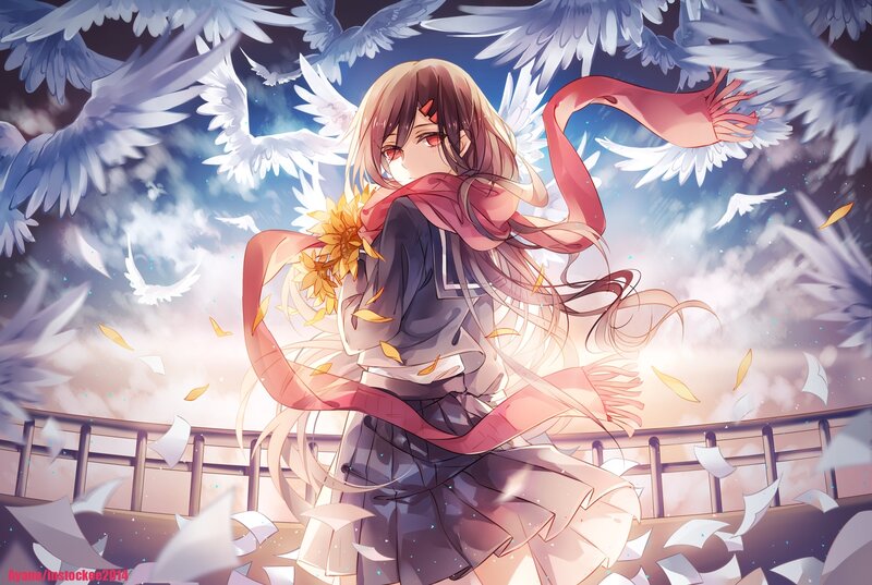 Anime Girl with Wings — White, Dramatic, Sunset, Digital Art, Scarf