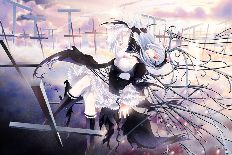 Anime Girl with Wings — White, Dramatic, Sunset, Digital Art