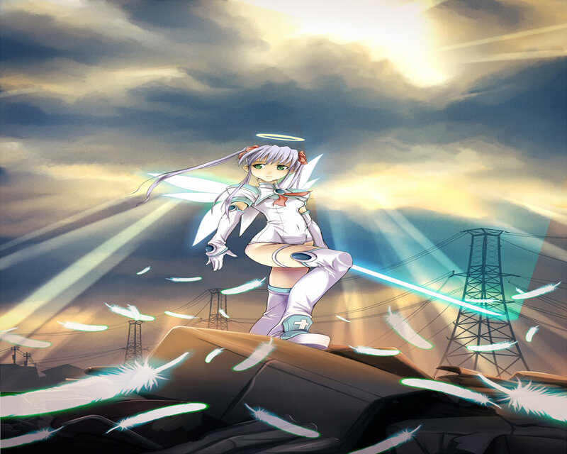 Anime Girl with Wings — White, Dramatic, Sunset