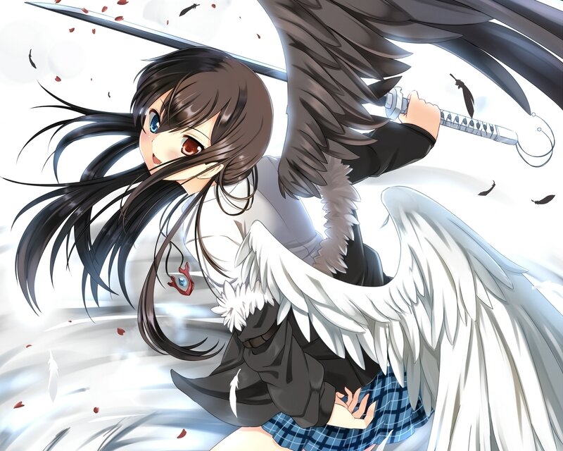 Anime Girl with Wings — White, Dramatic, Sword, Feathers