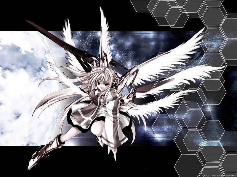 Anime Girl with Wings — White, Dramatic, Sword, Hexagons