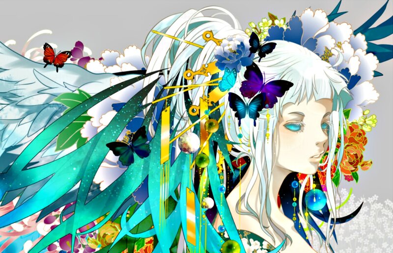 Anime Girl with Wings — White, Serene, Digital Art, Butterflies
