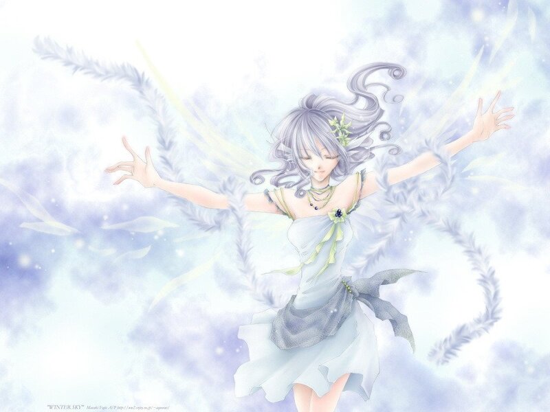 Anime Girl with Wings — White, Serene, Digital Art, Dress, Hair Flower