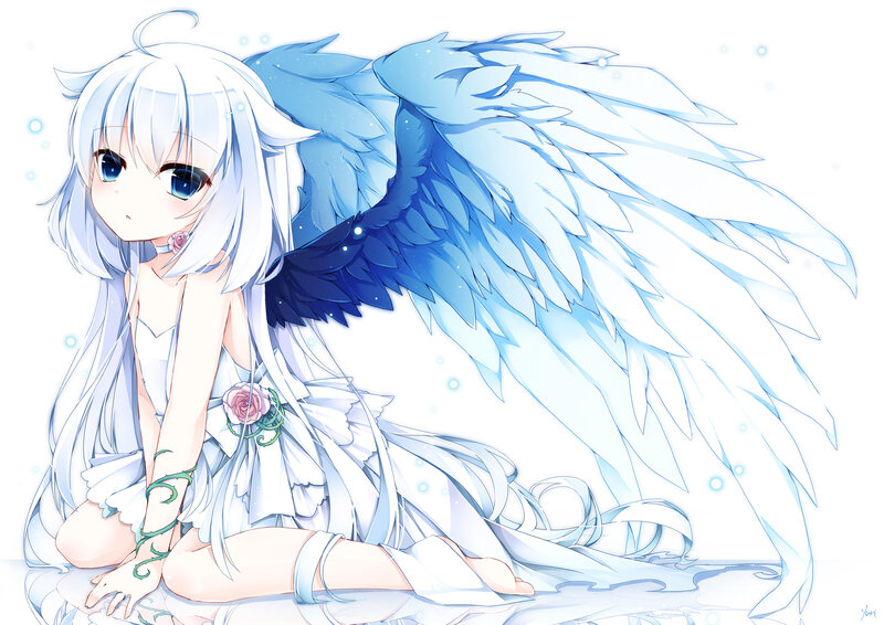 Anime Girl with Wings — White, Serene, Digital Art, Dress, Rose