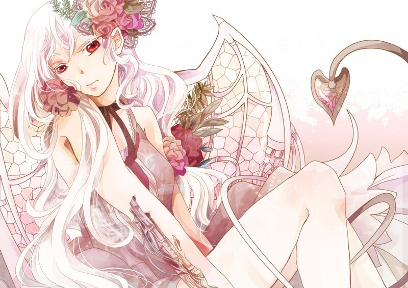 Anime Girl with Wings — White, Serene, Digital Art, Flowers, Tail
