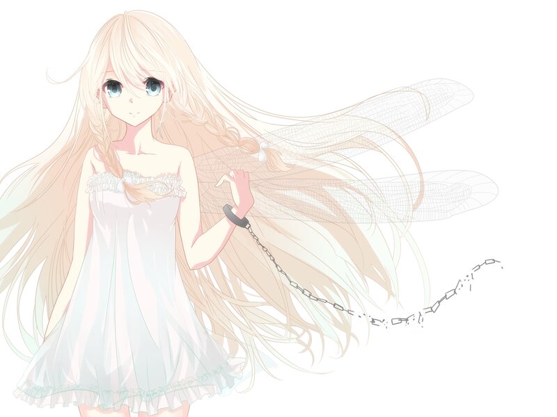 Anime Girl with Wings — White, Serene, Digital Art, Long Hair, White Dress
