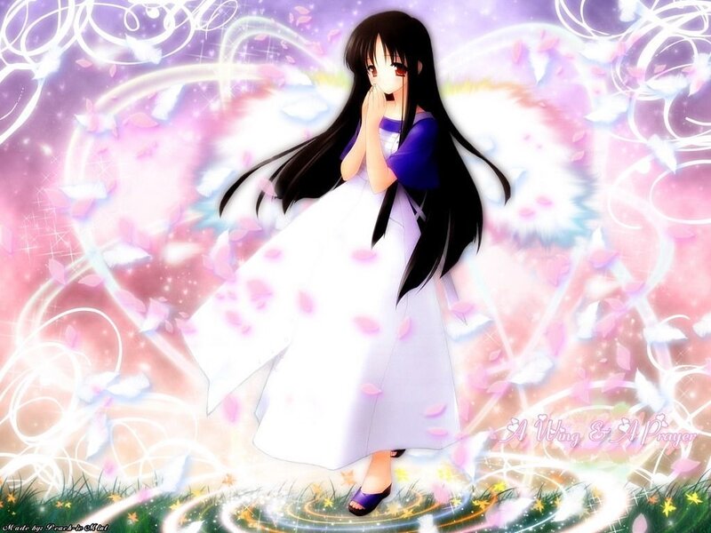 Anime Girl with Wings — White, Serene, Digital Art, Petals