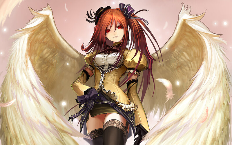 Anime Girl with Wings — White, Serene, Digital Art, Red Eyes