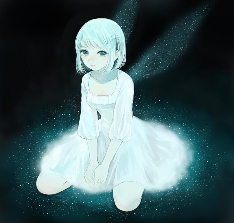 Anime Girl with Wings — White, Serene, Night, Digital Art, Dress