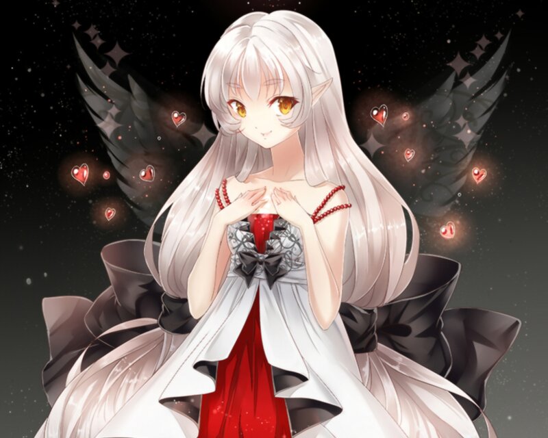 Anime Girl with Wings — White, Serene, Night, Digital Art, Hearts