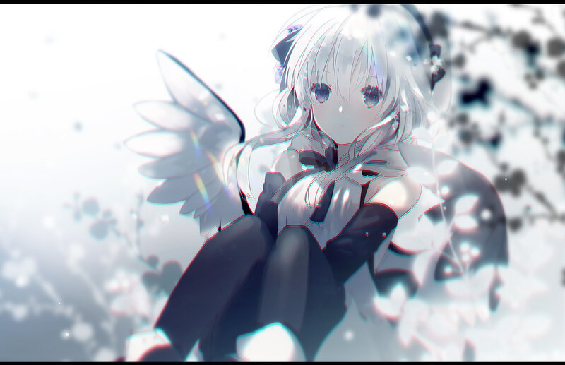 Anime Girl with Wings — White, Serene, Spring, Digital Art, Flowers