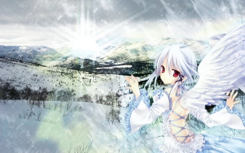 Anime Girl with Wings — White, Serene, Winter