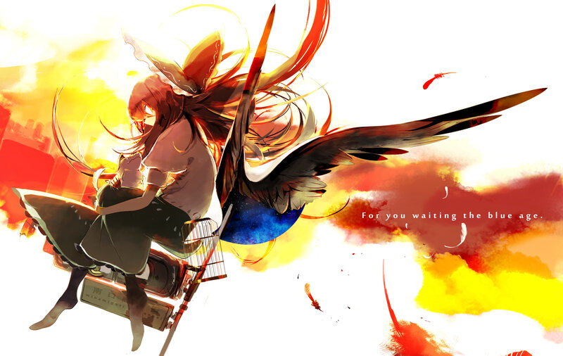 Anime Girl with Wings — Yellow, Dramatic, Sunset