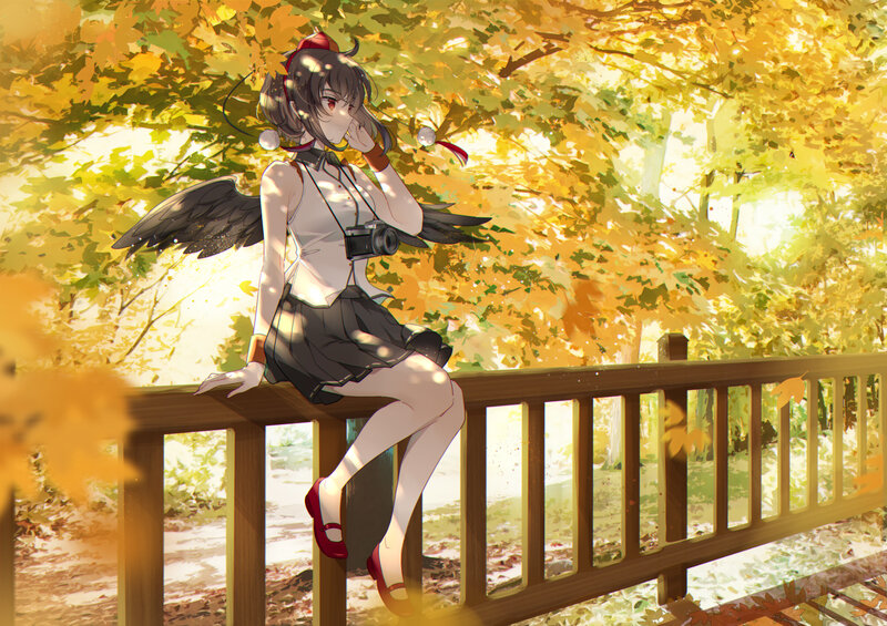 Anime Girl with Wings — Yellow, Serene, Autumn, Digital Art, Camera