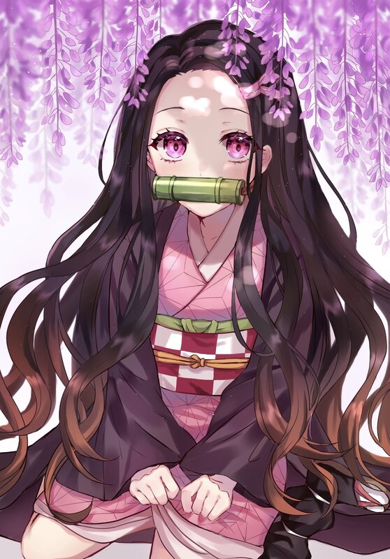 Anime Girl with Wisteria — Purple, Serene, Spring, Kimono